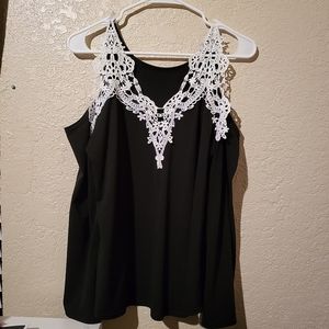 Black shirt with white lace shoulder